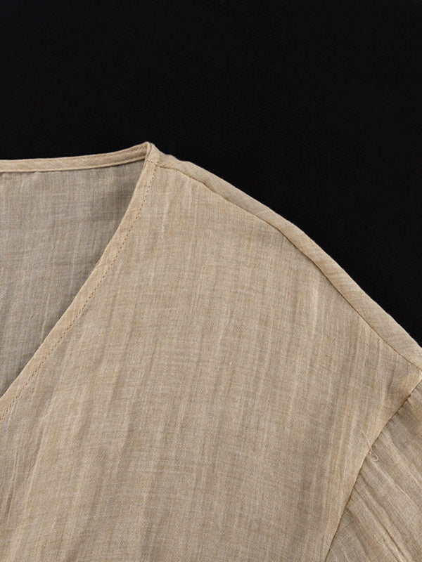 See-Through Solid Color Split-Side Tied Waist Loose Three-Quarter Sleeves V-Neck Midi Dresses