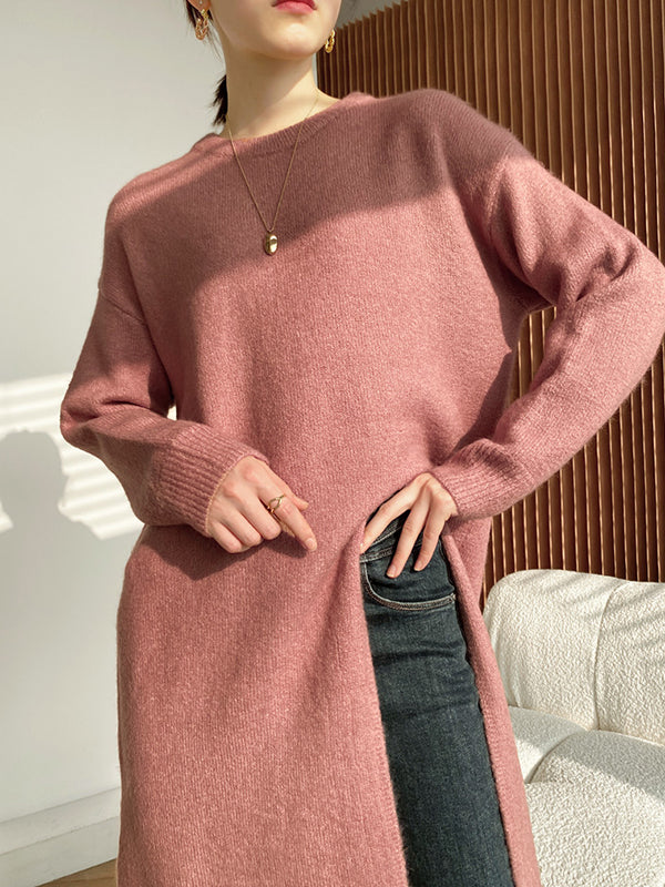 Loose Split-Side Solid Color Round-Neck Knitting Sweater Dresses