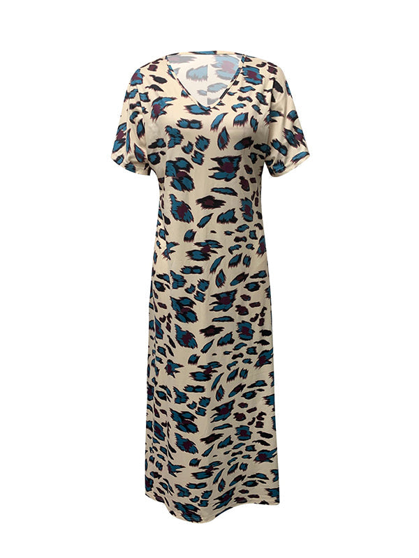 Printed Split-Side Loose Short Sleeves V-Neck Maxi Dresses