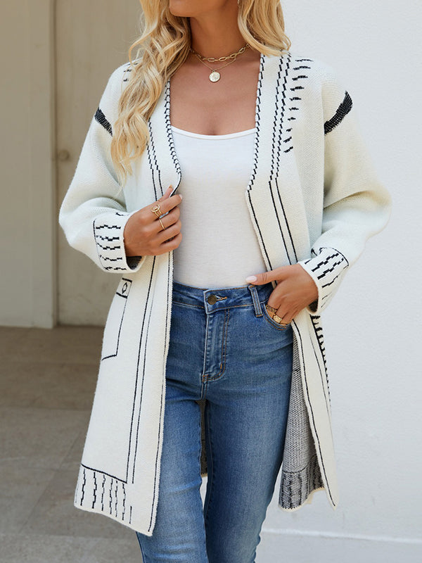 Jacquard Split-Joint Long Sleeves Loose V-Neck Cardigan Tops