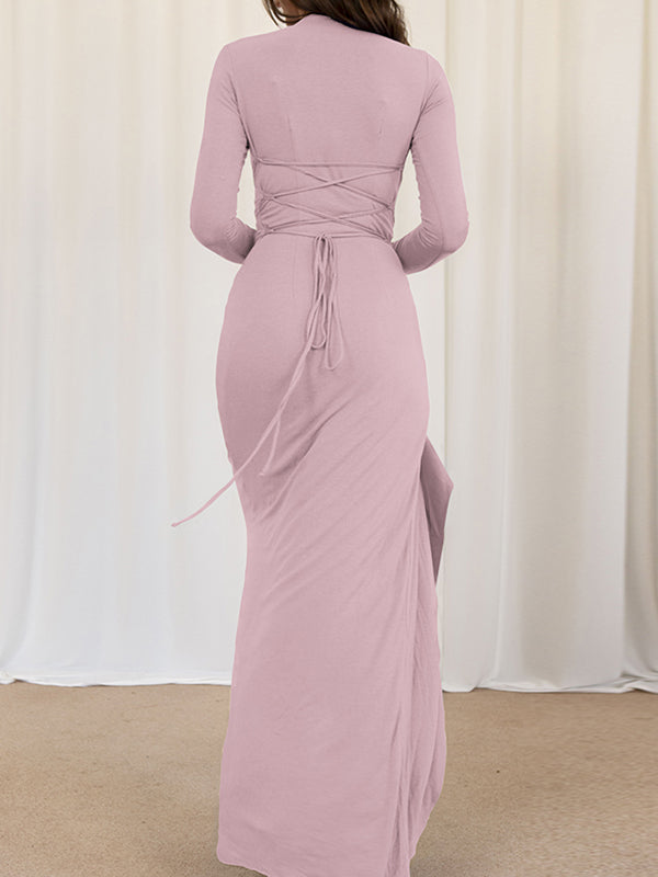 Asymmetric Pleated Ruffled Solid Color Split-Joint Bodycon High Waisted Round-Neck Maxi Dresses