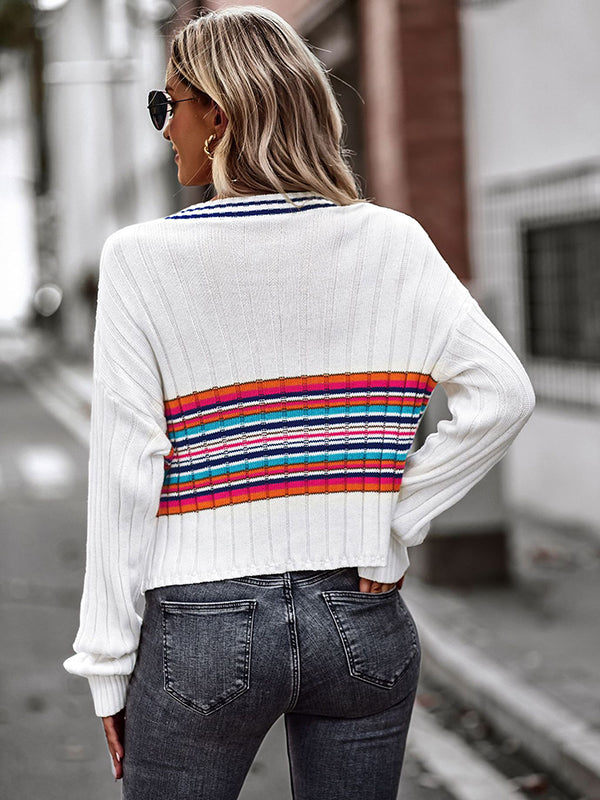 Casual Long Sleeves Striped V-Neck Sweater Tops