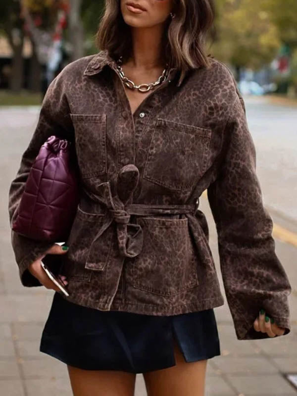Leopard Tied Waist Long Sleeves Loose Blouses&shirts Tops