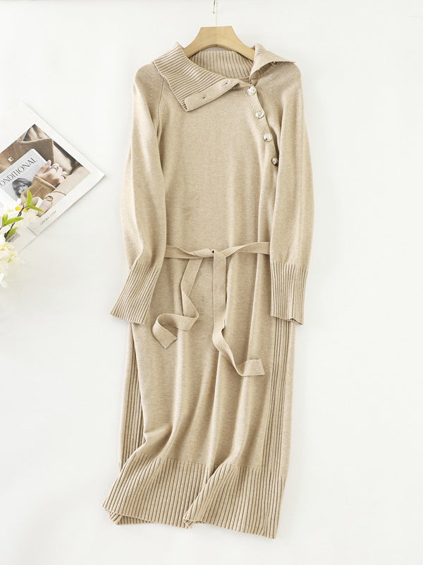 Urban Loose Long Sleeves Buttoned Bandage High-Neck Sweater Dresses