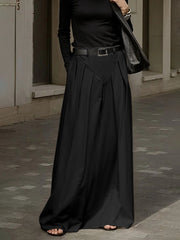 Belted Pleated Pockets Solid Color Split-Joint Zipper Loose Skirts Bottoms