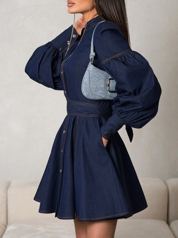 Buttoned Pleated Split-Joint Tied Waist A-Line Long Sleeves Mock Neck Mini Dresses