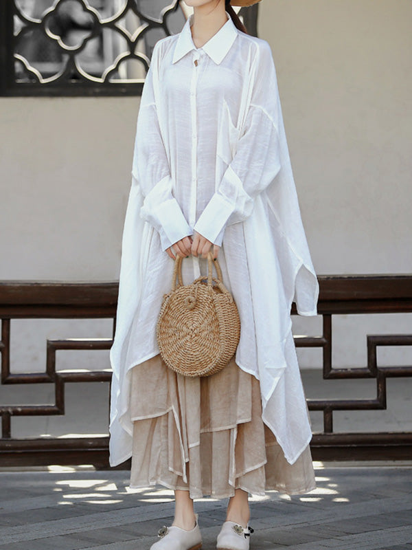 See-Through Solid Color Split-Joint Split-Side Loose Raglan Sleeve Lapel Blouses