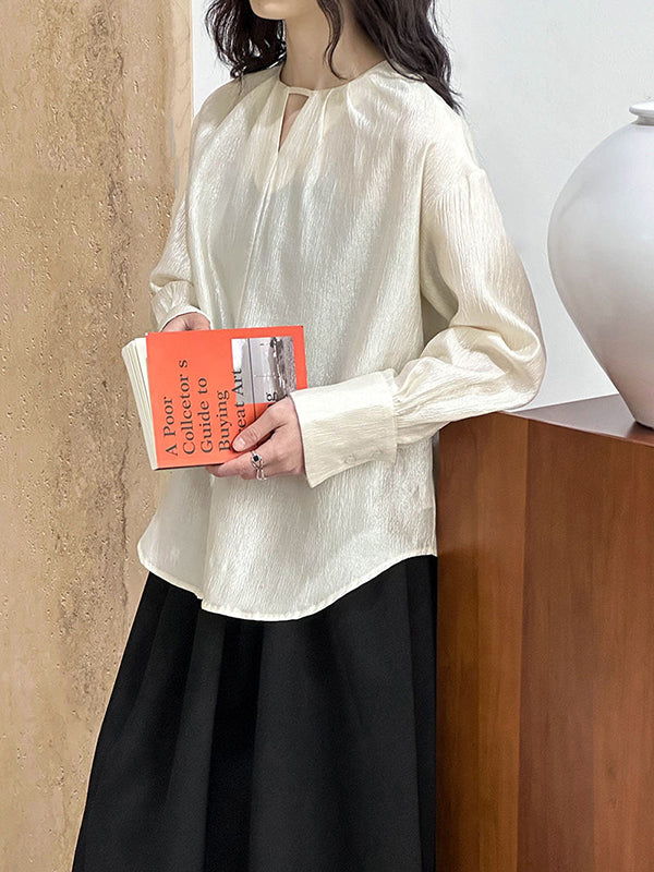 Hollow Shiny Solid Color Long Sleeves Loose Round-Neck Blouses&Shirts Tops