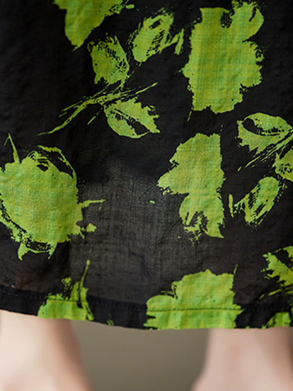 Floral Pleated Loose Round-neck Midi Dresses