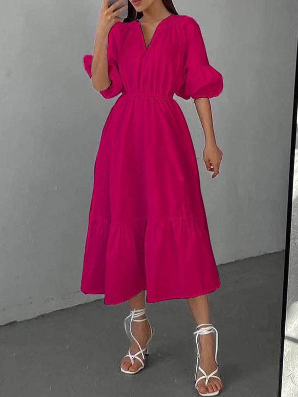 Elasticity Pleated Solid Color A-Line Half Sleeves V-Neck Midi Dresses