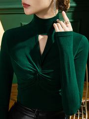 Hollow Solid Color Long Sleeves Plus Size High Neck T-Shirts