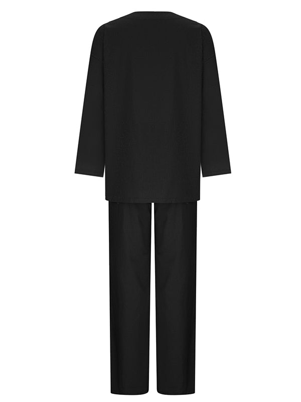 Solid Color Loose Round-neck Long Sleeves Shirts Top + Drawstring Pants Bottom Two Pieces Set