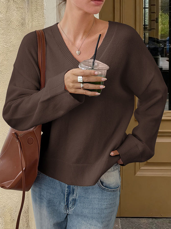 Ribs Solid Color Long Sleeves Loose V-Neck Sweater Tops