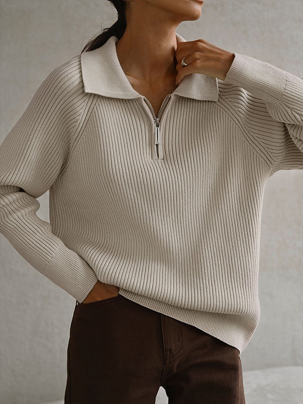 Solid Color Zipper Long Sleeves Loose Lapel Sweater Tops Pullovers