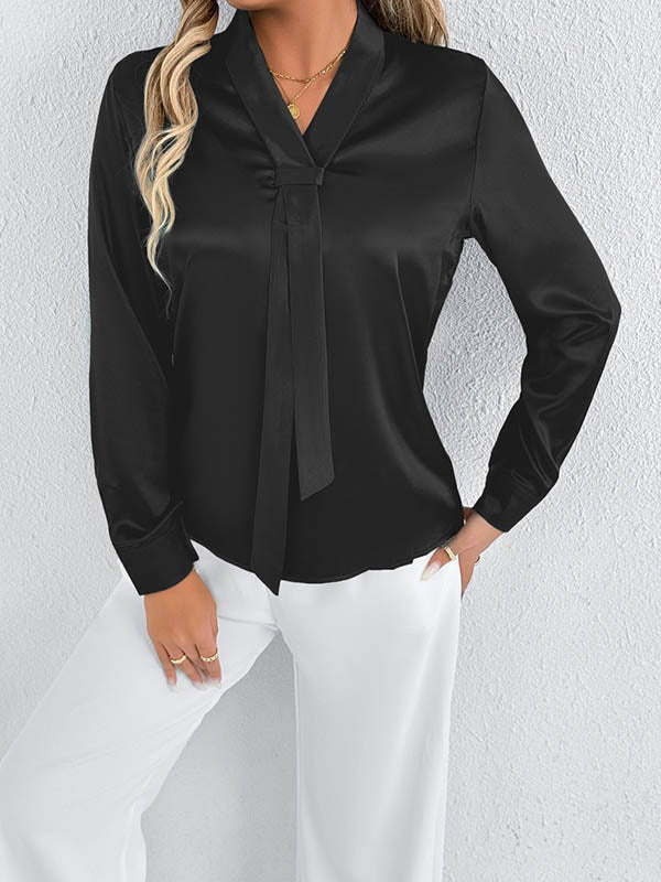 Solid Color Split-Joint Streamer Long Sleeves Loose Scarf Collar Blouses&Shirts Tops