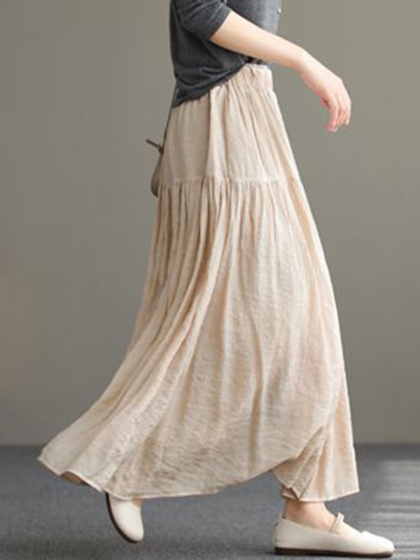Casual Loose A-Line Pleated Elasticity Split-Joint Solid Color Skirts Bottoms