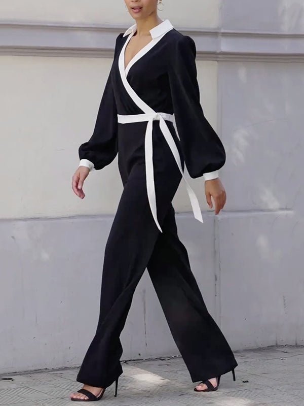 Contrast Color Tied Long Sleeves Loose Deep V-Neck Jumpsuits