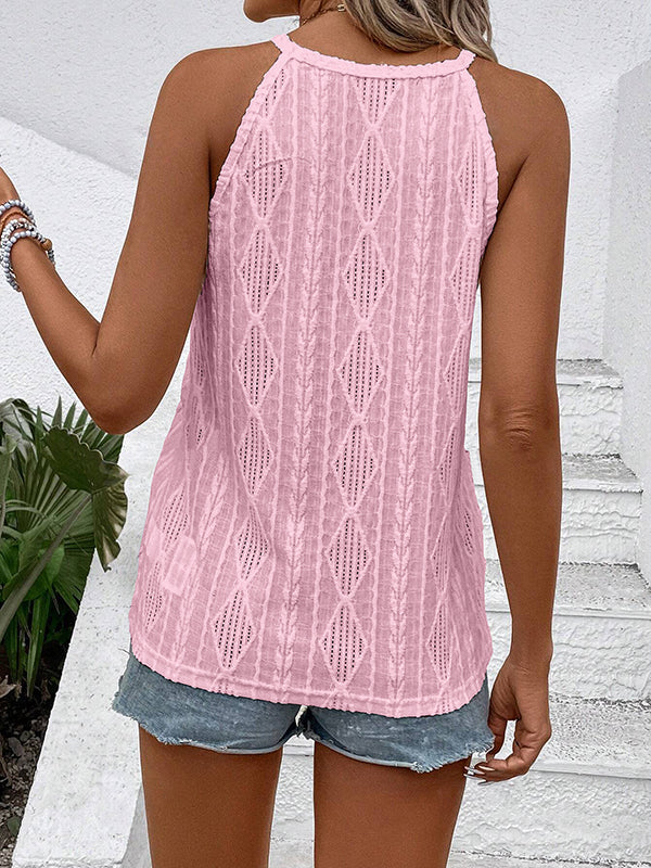 Jacquard Solid Color Loose Sleeveless Spaghetti-Neck Vest Top