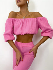 Solid Color Puff Sleeves Elasticity Off-The-Shoulder Vest Top + High Waisted Pants Bottom Two Pieces Set