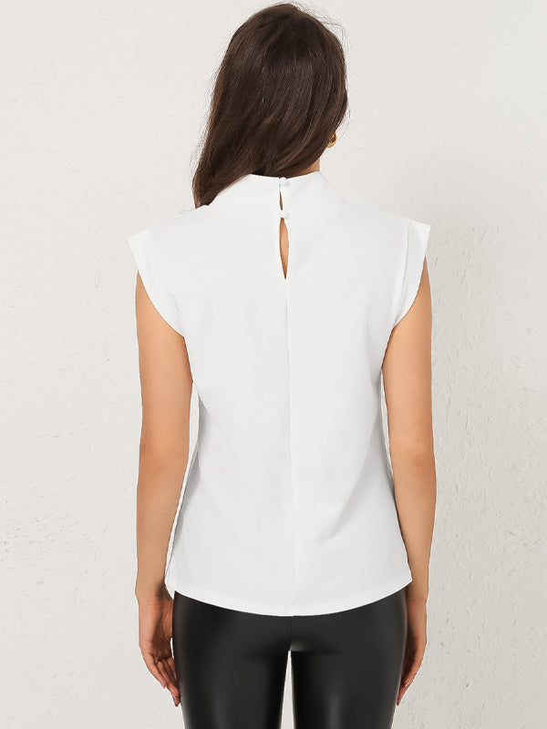 Hollow Solid Color Cap Sleeve Loose Mock Neck T-Shirts Tops