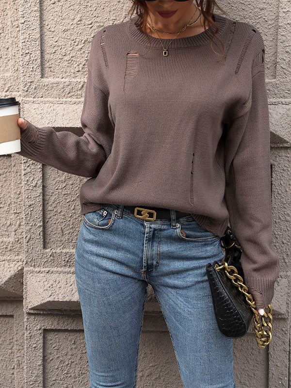 Hollow Solid Color Long Sleeves Loose Round-Neck Sweater Tops Pullovers
