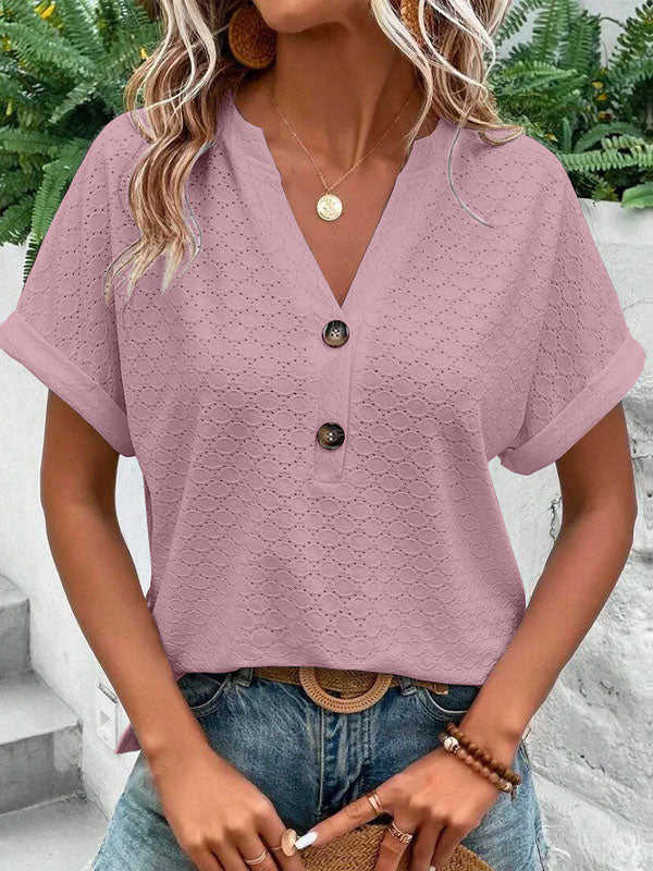 Buttoned Jacquard Split-Joint Loose Plus Size V-Neck T-Shirts Tops