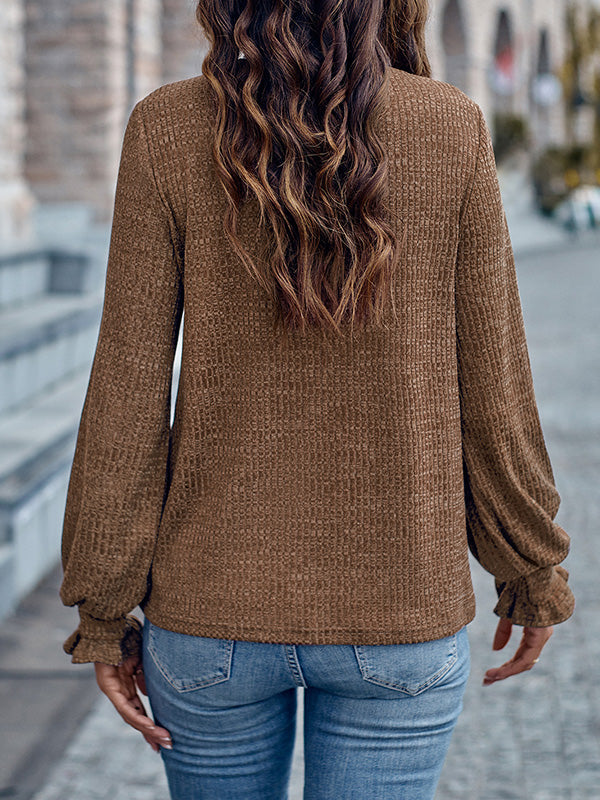 Elasticity Ruffled Solid Color Long Sleeves Loose Round-Neck T-Shirts Tops