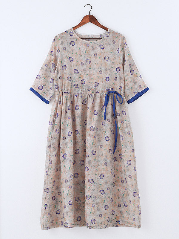 Original Floral Round-Neck Elasticity Waist Midi Dress