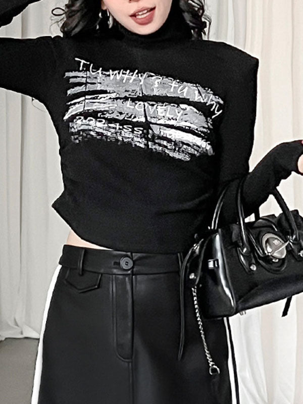 Letter Print Shoulder Pad Long Sleeves Skinny High Neck T-Shirts Tops