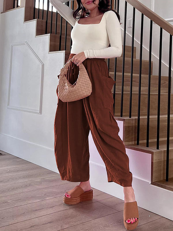 Drawstring Elasticity Pleated Pockets Solid Color High Waisted Loose Trousers Ninth Pants