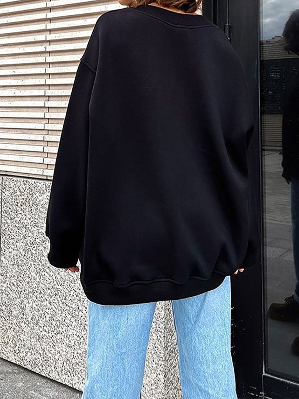 Solid Color Long Sleeves Loose Round-Neck Sweatshirt Tops