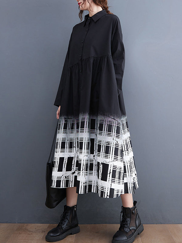 Buttoned Gradient Plaid A-Line Long Sleeves Lapel Midi Dresses