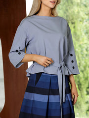 Buttoned Tied Waist Loose Three-Quarter Sleeves Round-Neck T-Shirts Tops