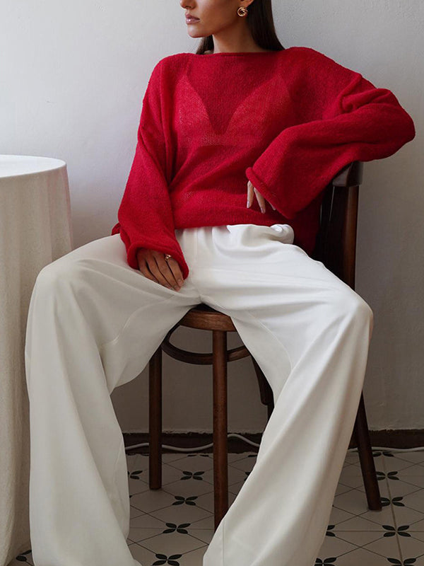 See-Through Solid Color Split-Joint Long Sleeves Loose Round-Neck Sweater Tops