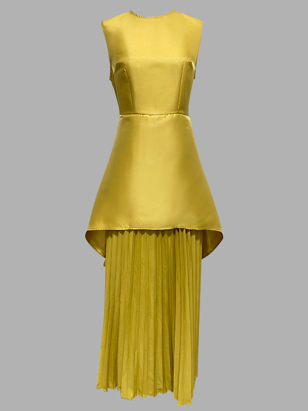 A-Line Loose Pleated Solid Color Split-Joint Tiered Round-Neck Evening Dresses Maxi Dresses