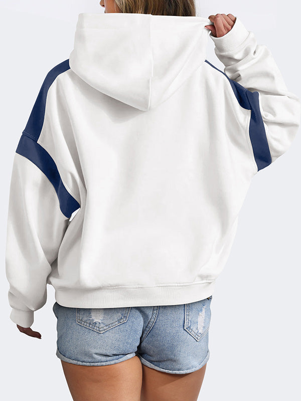 Contrast Color Pockets Split-Joint Hooded Long Sleeves Hoodies Tops