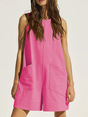 Pockets Solid Color Loose Sleeveless Round-Neck Rompers