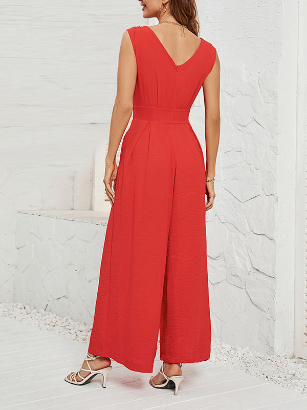 Pleated Solid Color Split-Joint Loose Sleeveless V-neck Jumpsuits