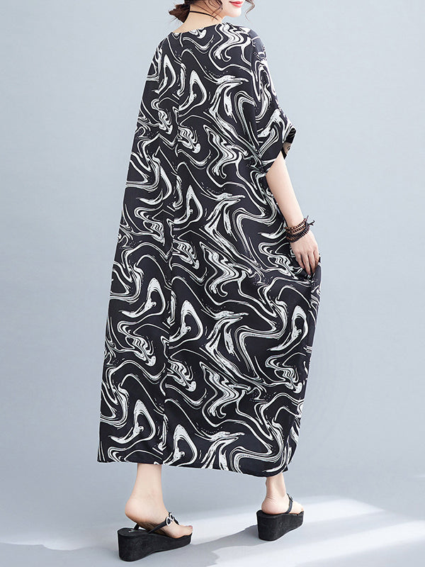 Printed Loose Short Sleeves Round-Neck Midi Dresses