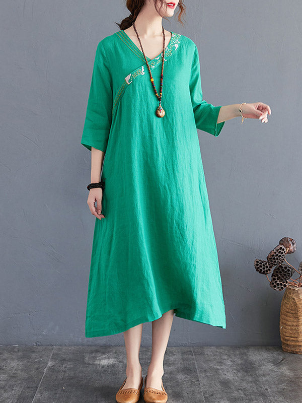 Cotton Blend V-Neck Embroidered Midi Dress