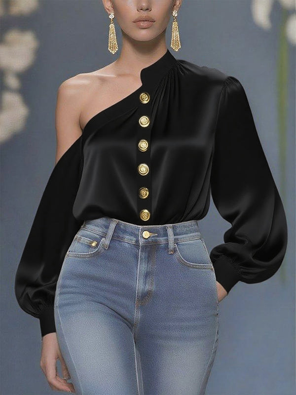 Asymmetric Buttoned Pleated Solid Color Long Sleeves Loose One-Shoulder Blouses&Shirts Tops