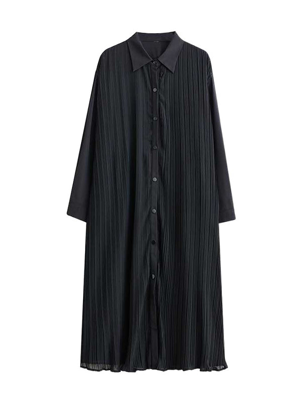 Buttoned Pleated Pockets Split-Joint A-Line Long Sleeves Lapel Shirt Dress Midi Dresses