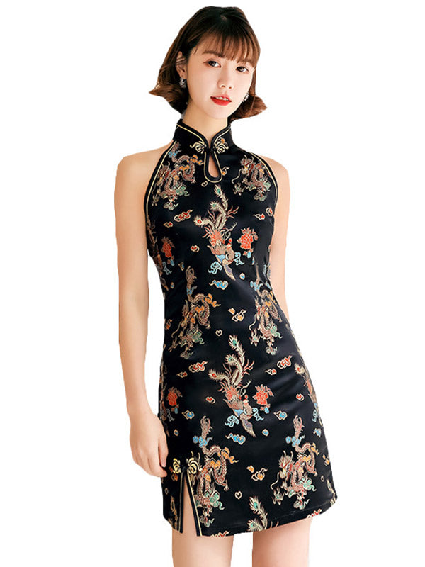 Original Floral Printed Stand Collar Sleeveless Short Cheongsams