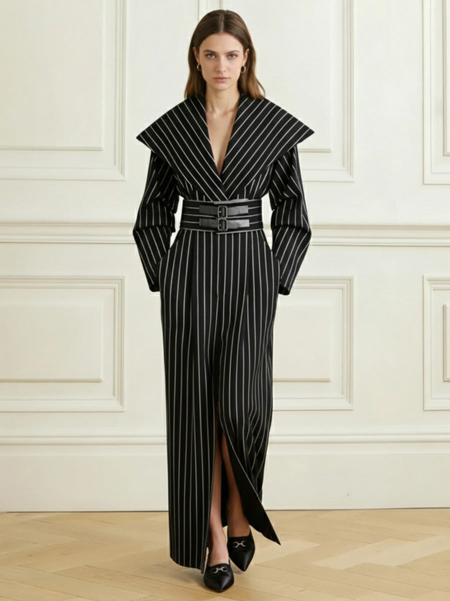 Belted Contrast Color Split-Front Split-Joint Striped Bodycon Elasticated Waist Deep V-Neck Maxi Dresses Blazer