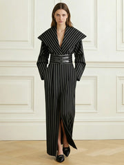 Belted Contrast Color Split-Front Split-Joint Striped Bodycon Elasticated Waist Deep V-Neck Maxi Dresses Blazer
