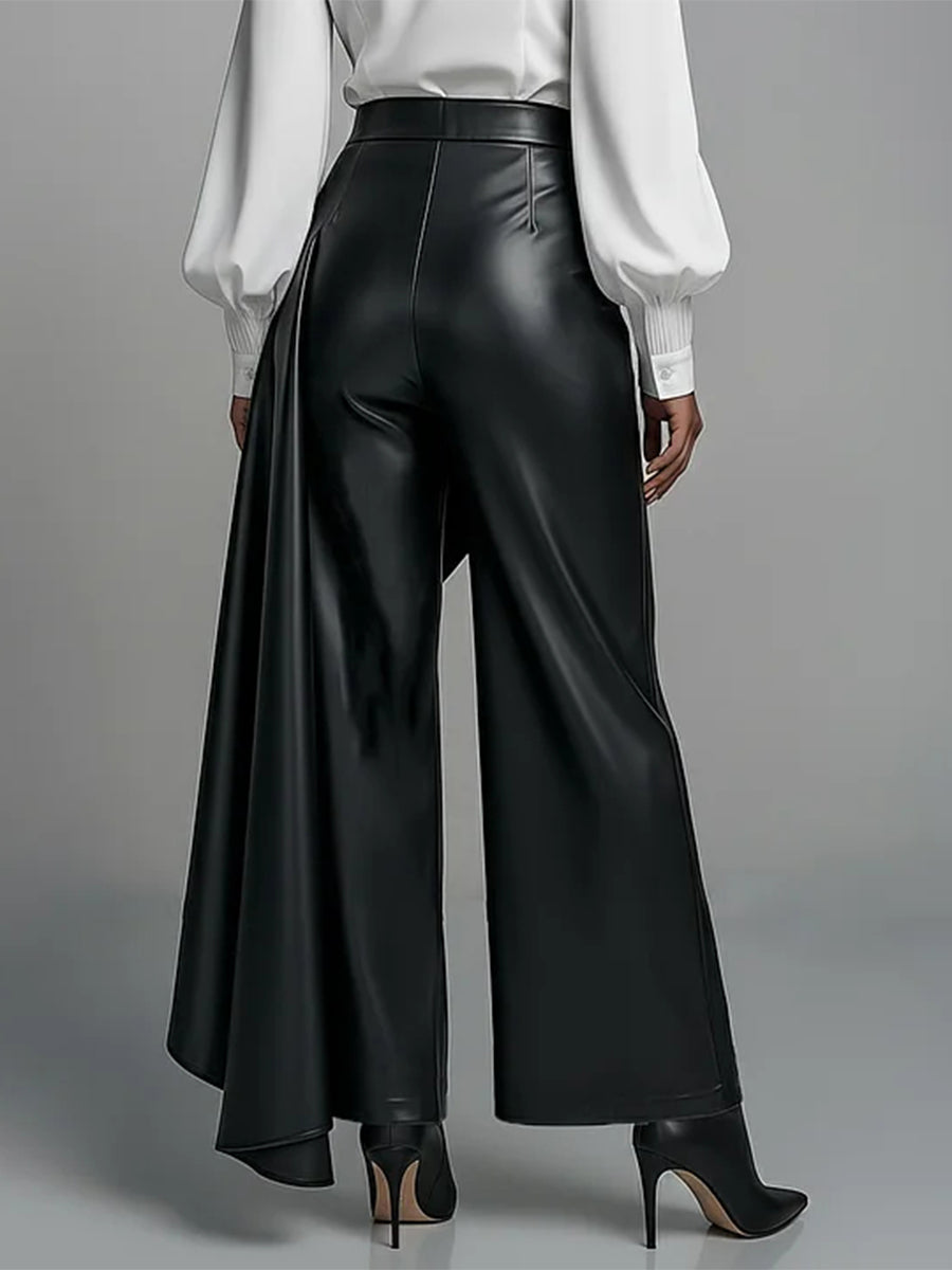 Buttoned Pleated Solid Color Split-Joint Zipper High Waisted Wide Leg Trousers Pants