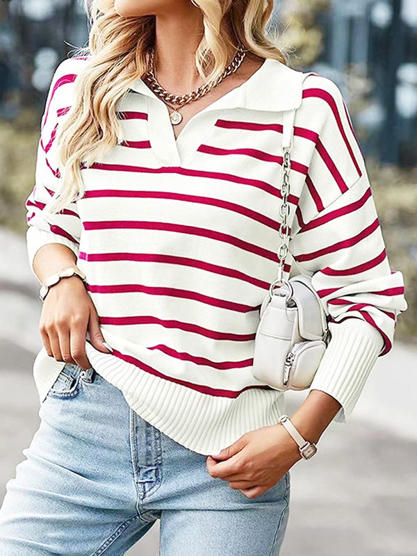 Split-Joint Striped Long Sleeves Loose Lapel Sweater Tops
