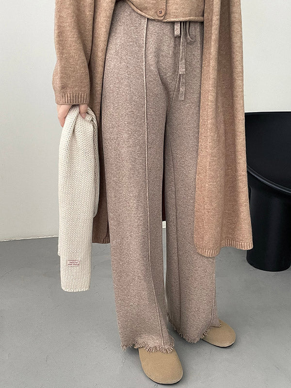 Fringed Pleated Solid Color Split-Joint Tied Waist High Waisted Loose Trousers Pants