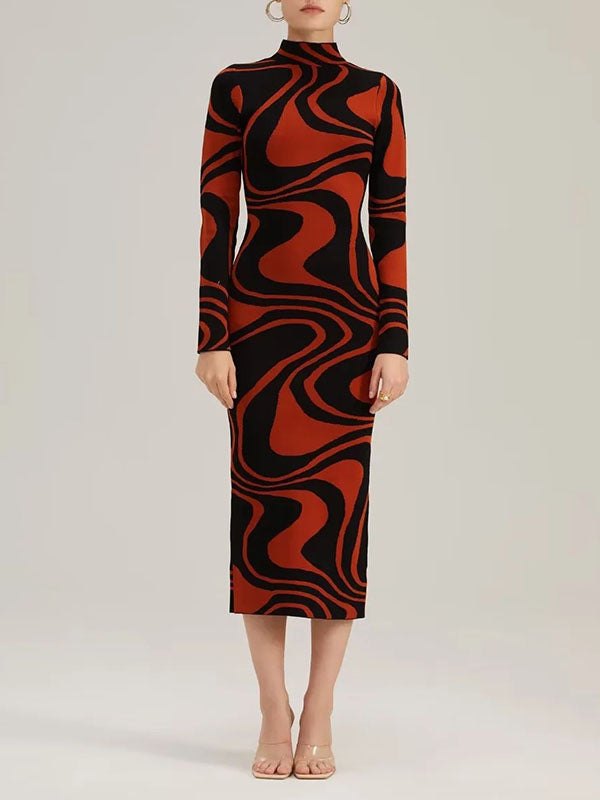 Contrast Color Printed Split-Back Split-Joint Zipper Long Sleeves Skinny High Neck Midi Dresses
