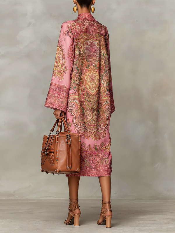 Contrast Color Printed Long Sleeves Loose Mock Neck Midi Dresses